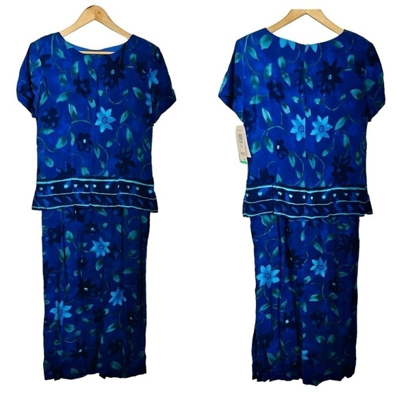 Vintage 80s Positive Attitude Size 10 Blue Floral Short Sleeve Maxi dress NWT - Picture 1 of 8